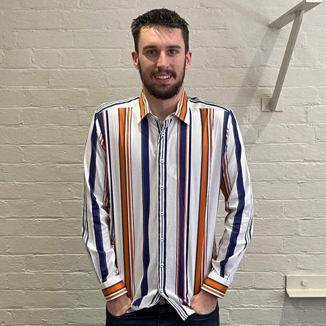 Abelard Long Sleeve Dress Shirt - Striped - Navy, Orange & White