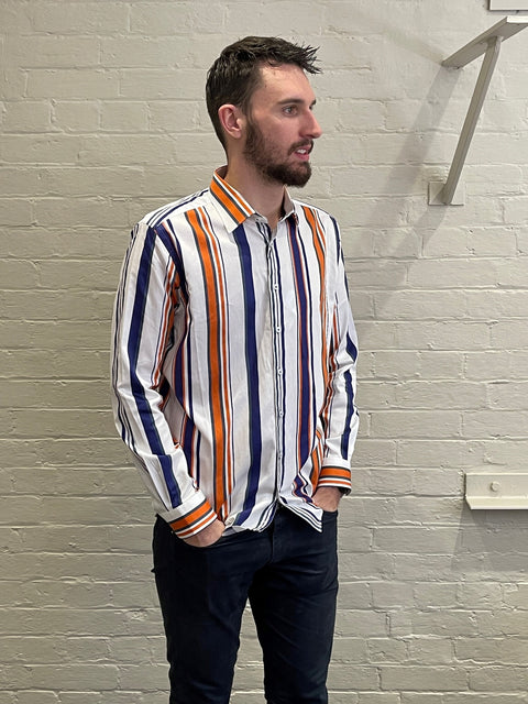Abelard - Long Sleeve Business Shirt - Striped - White, Navy & Orange