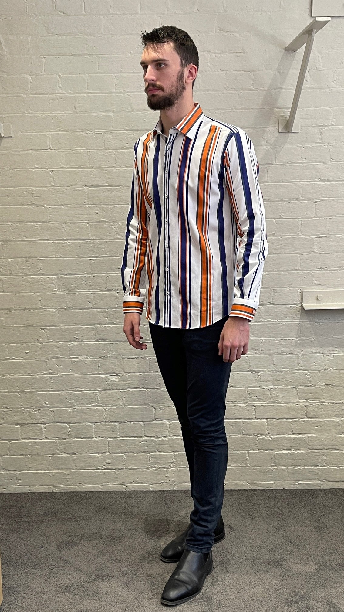 Abelard - Long Sleeve Business Shirt - Striped - White, Navy & Orange