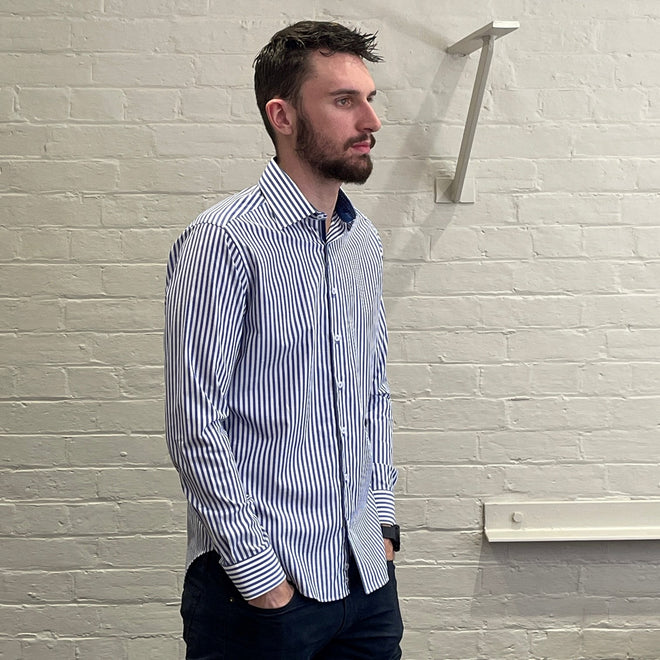 Long Sleeve Dress Shirt - Stripe - Blue & White