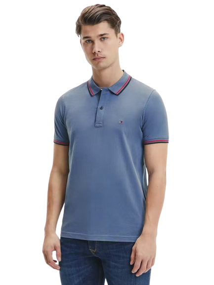 Tipped Slim Polo - Faded Indigo |Light Grey Heather