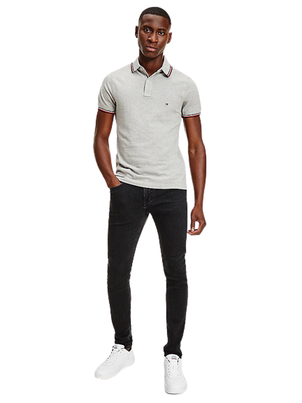 Tipped Slim Polo - Faded Indigo |Light Grey Heather