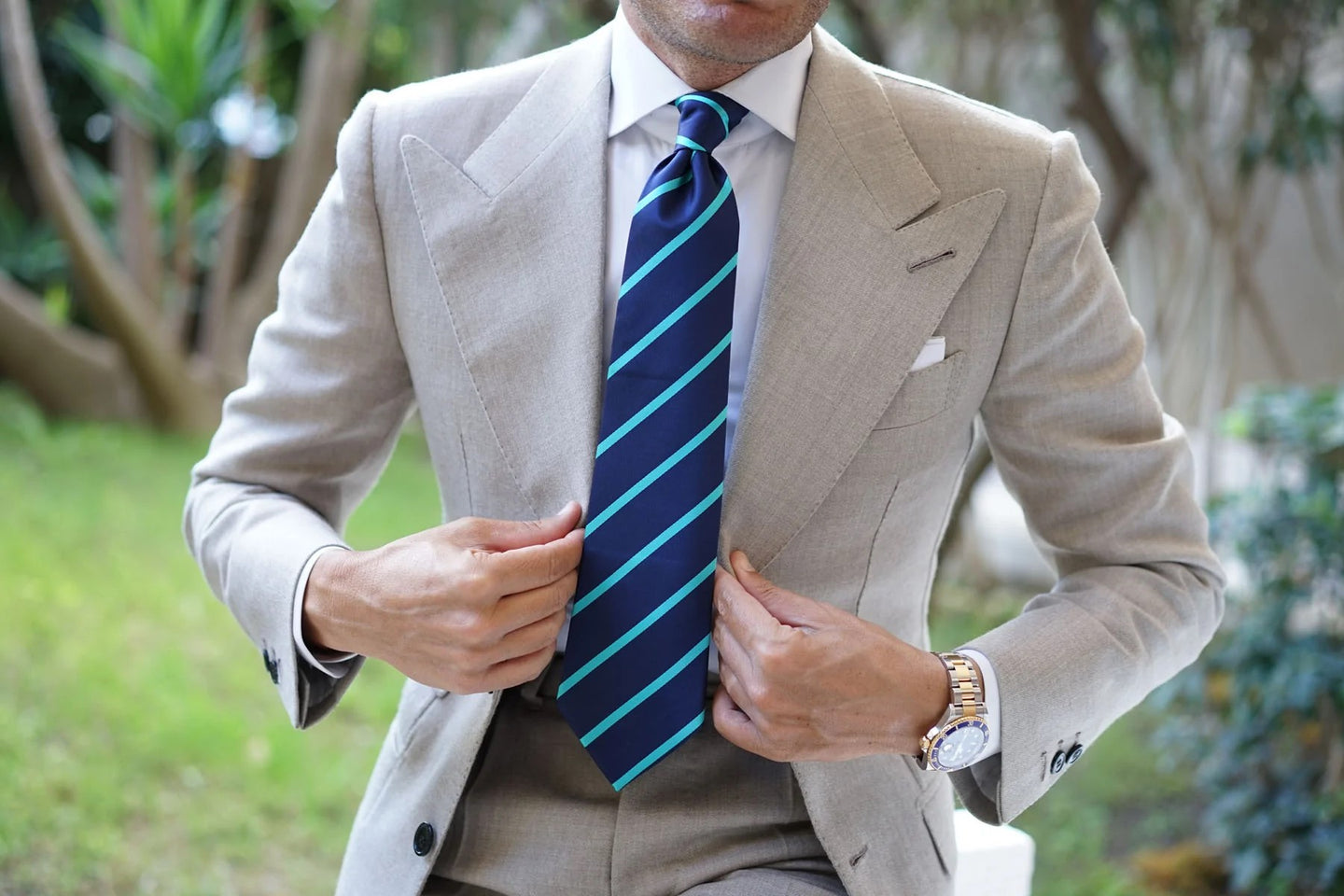 OTAA - Pencil Stripe Tie - Navy Blue Tie & Aqua Blue
